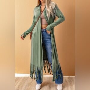 Fringe Hem Open Front Thumbhole Sleeve Duster Cardigan Green